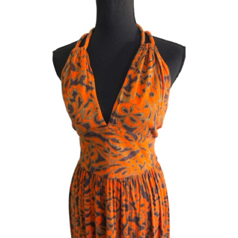 Milly‎ Floral Burnt Orange Summer Jersey Halter Maxi Dress Woman’s Size Medium